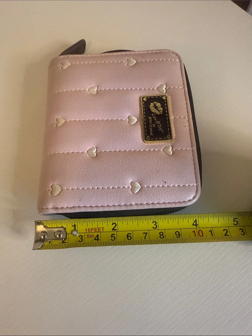 Betsey Johnson Pink Quilted Heart Zip Wallet with Gold Logo Plate
